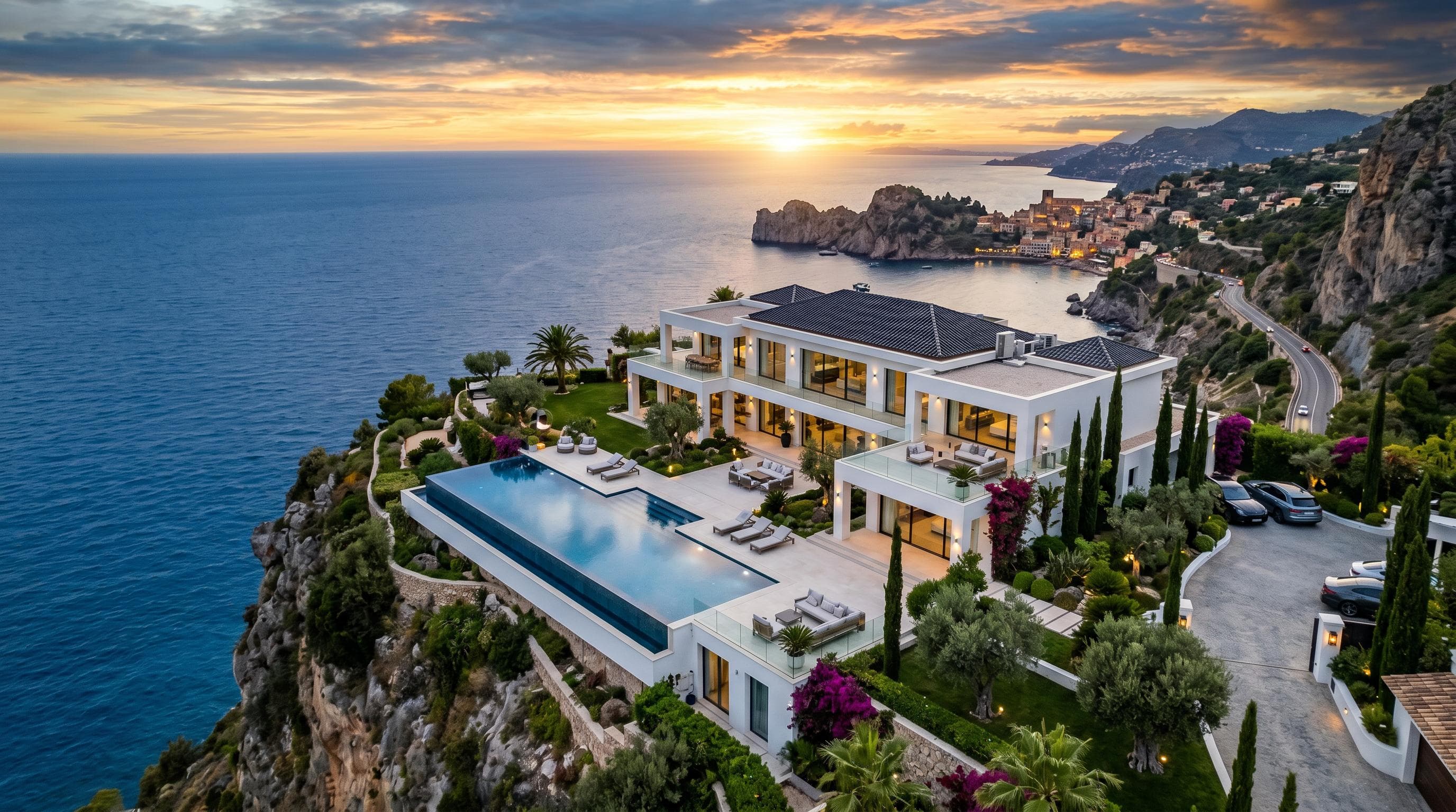 Aerial view of luxury modern villa with infinity pool
