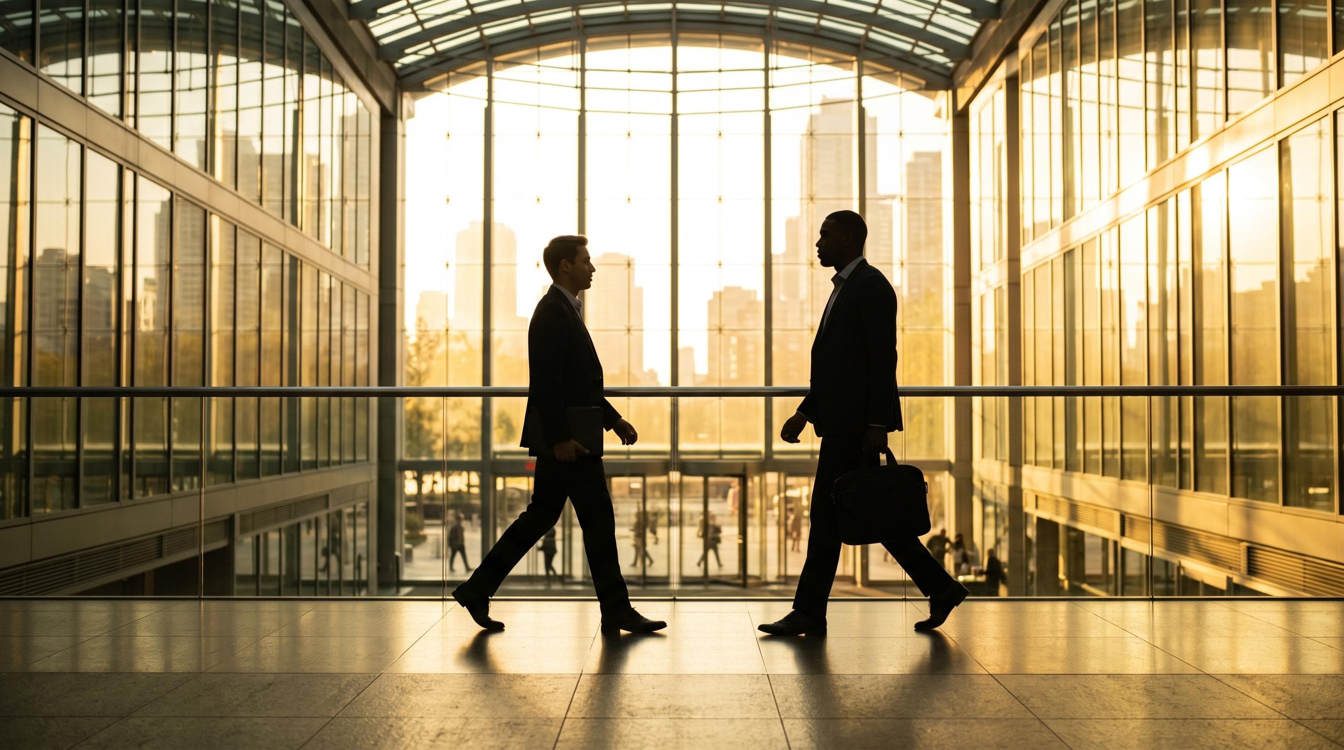 Two business professionals in a modern glass atrium